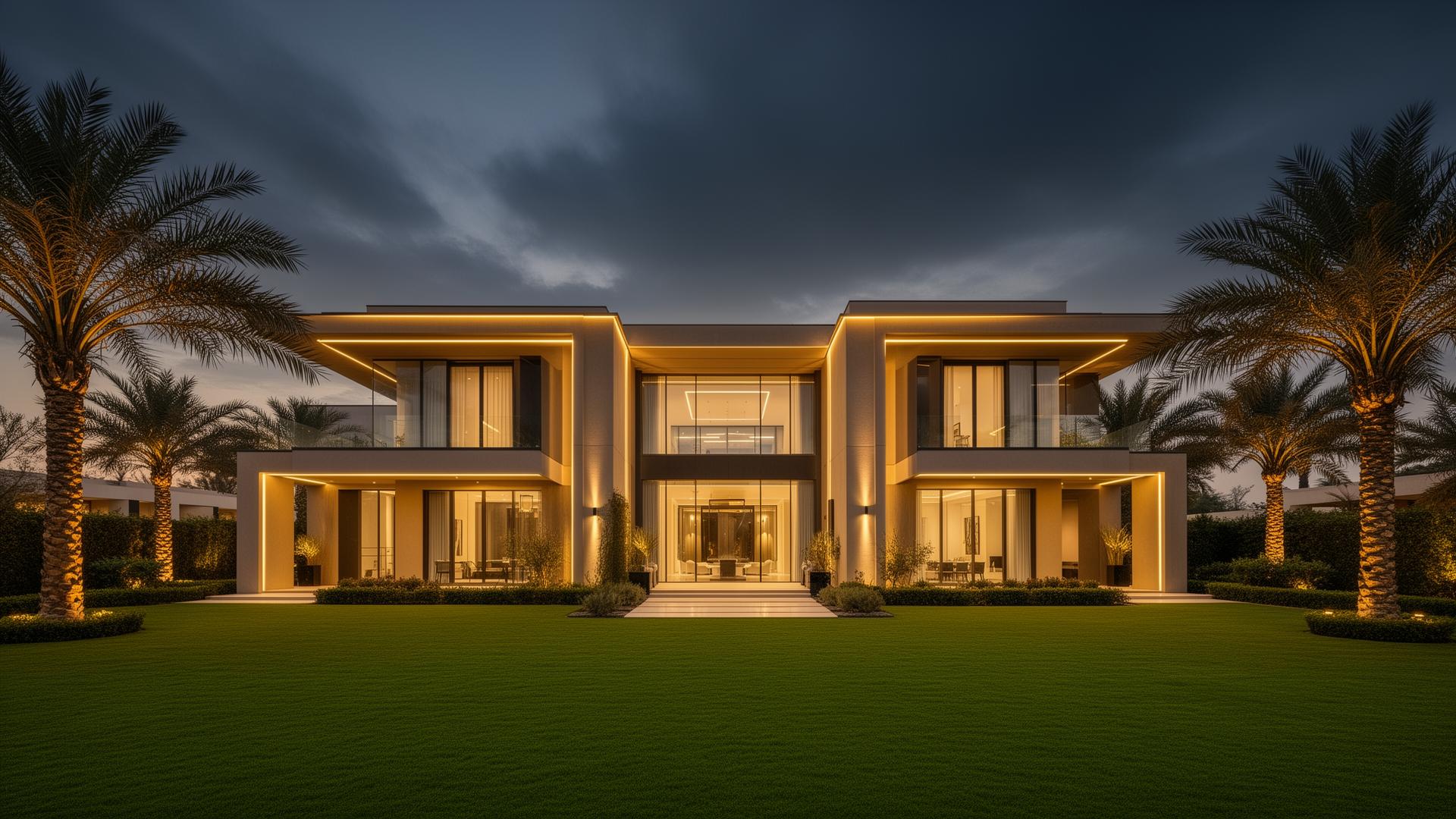 Luxury UAE villa exterior at dusk